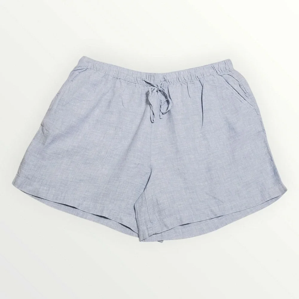 Tahari 100% Linen Shorts Womens 2X Chambray Blue Drawstring Waist‎ Plus Size